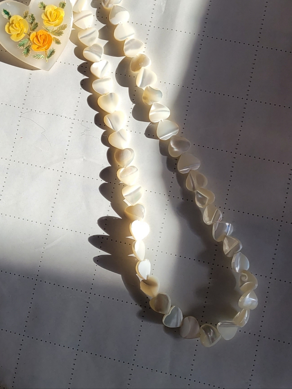 Classic White Mother-of-Pearl Heart Necklace -marked Silver On Clasp Etched Gold
